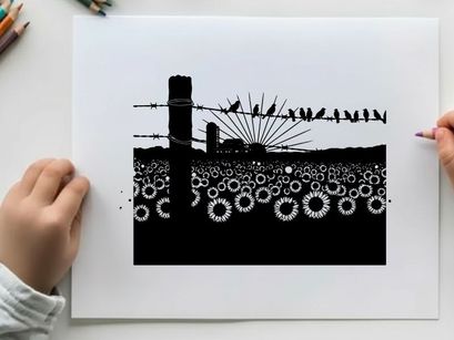 Silhouette of birds on barbed wire fence in sunflower field