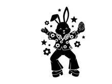 Silhouette of a funky dancing rabbit in flowers and stars