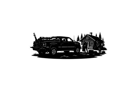 Silhouette of a pickup truck parked beside a cabin