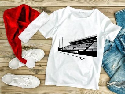 Black and white sketch of an empty stadium with tiered seating