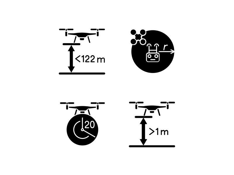 Drone proper control black glyph manual label icons set on white space
