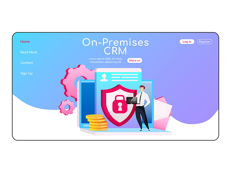 On premises CRM landing page flat color vector template