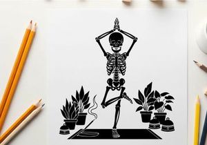 Silhouette of a skeleton in yoga pose with plants