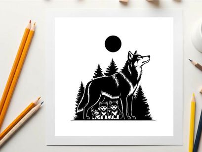 Silhouette of a wolf howling at the moon in a forest