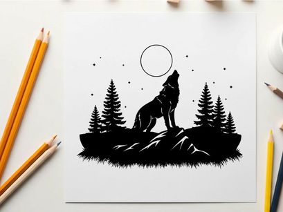 Wolf silhouette howls at full moon in forest silhouette