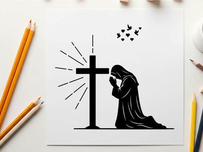 Silhouette of a person praying beside a cross silhouette