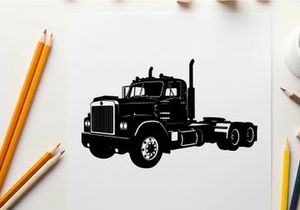 Silhouette of a large black semi truck on a white background