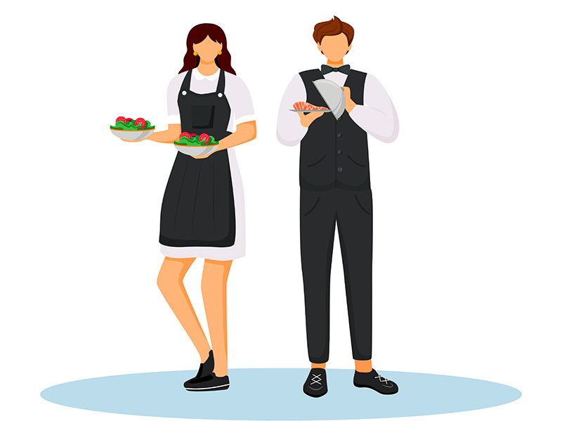 Hotel waiters in uniform flat color vector illustration