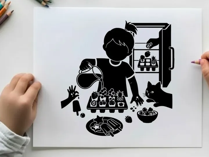 Silhouette of a child preparing food with a cat and hand