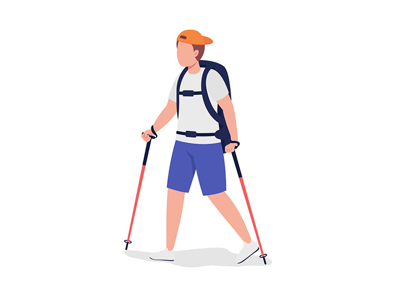 Boy on hiking trip semi flat color vector character