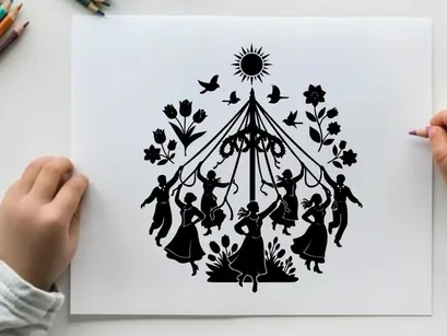 Maypole dance with people and flowers vector illustration