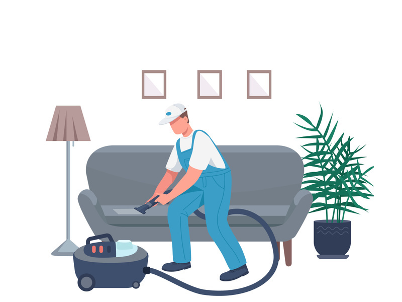 Janitor cleaning sofa flat color vector faceless character