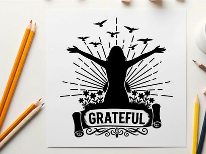 Silhouette of a woman expressing gratitude with birds and flowers