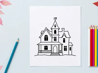 Hand drawn haunted house illustration. Victorian mansion sketch with a weather vane.
