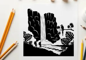 Silhouette of a tropical waterfall scene with hikers and a parrot