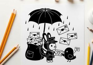 A silhouette of a postal worker with umbrella on a rainy day delivering mail