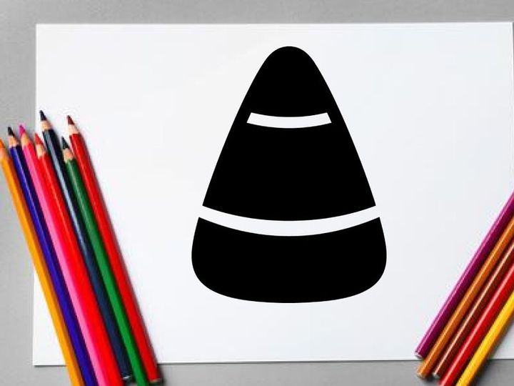 Close-up of a black and white candy corn with colorful stripes