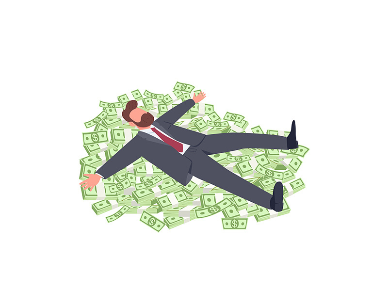 Businessman lying on money flat concept vector illustration