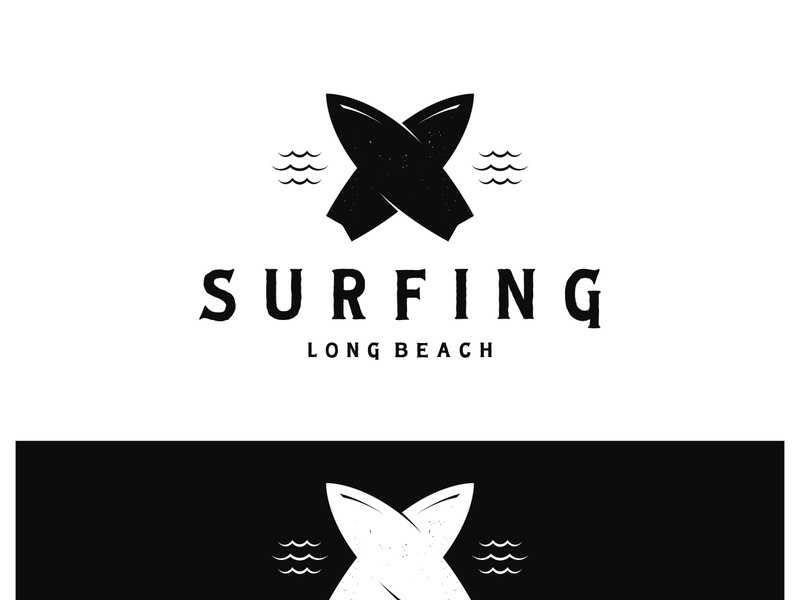 surfing logo with vintage paddle board beach waves, for business, sport, adventure, tourism, vacation