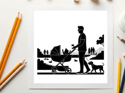Silhouette of a man walking dog and pushing baby stroller in park