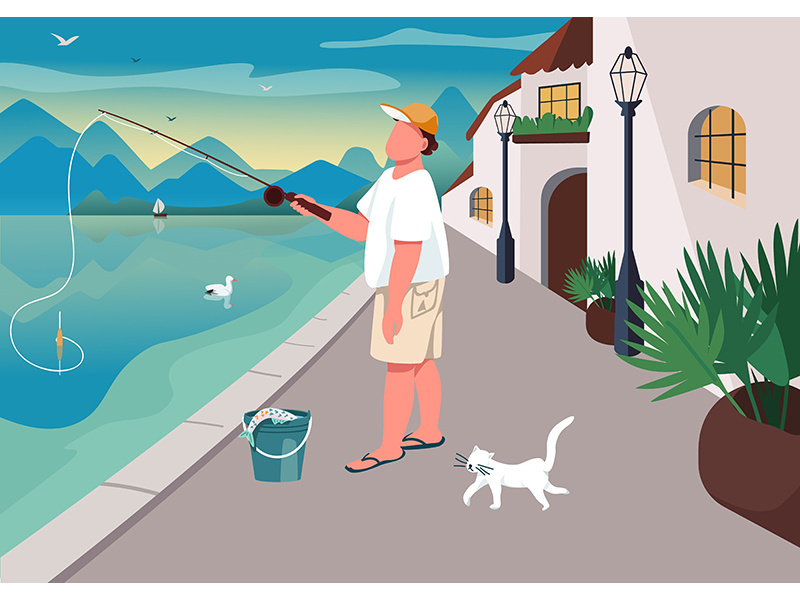 Man fishing at waterfront area flat color vector illustration