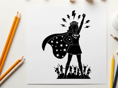 Empowered female superhero silhouette with patriotic cape and crowd