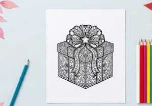 Weihnachtsgeschenkbox mit verzierter Schleife, schwarz-weiß Strichkunst-Illustration zum Ausmalen.