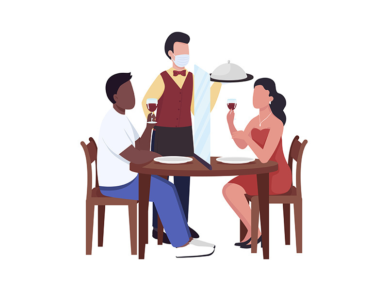 Serving restaurant guests with safety measures semi flat color vector characters