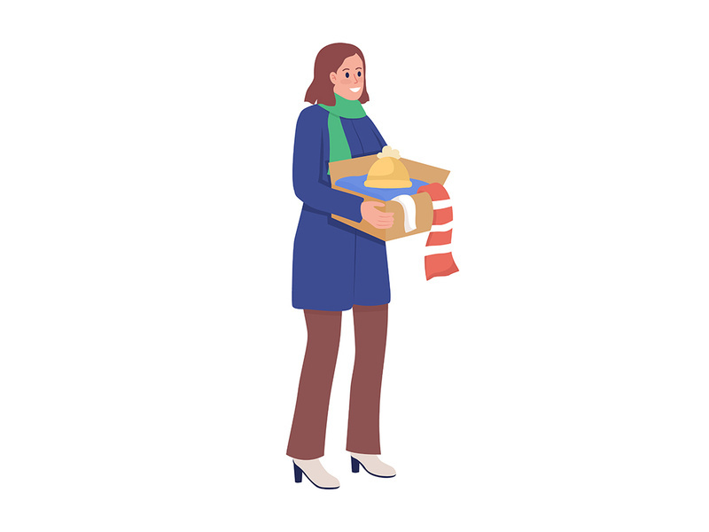 Smiling woman with clothing donation box flat color vector character