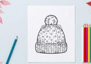 Ilustrasi seni garis topi musim dingin dengan pom pom untuk halaman mewarnai Natal