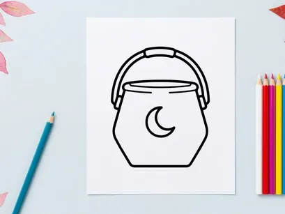 Halloween candy bucket icon. Trick or treat pail with moon symbol for holiday design.