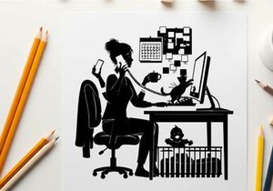 Silhouette of woman working at desk with cat and baby