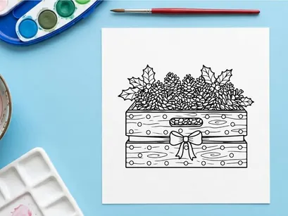 Ilustración de caja de regalo navideña dibujada a mano con corona de acebo y lazo decorativo
