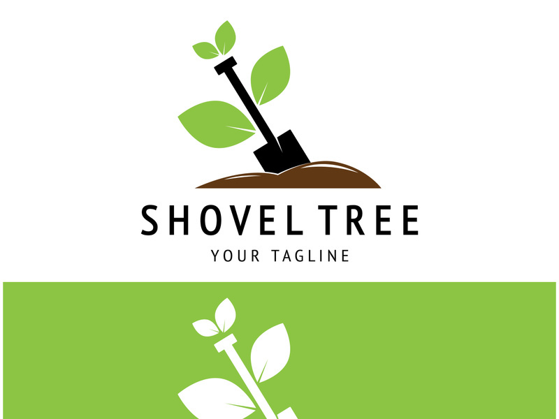 Shovel logo for agriculture, excavation,building, mining foundation. gardening vector set design with leaves