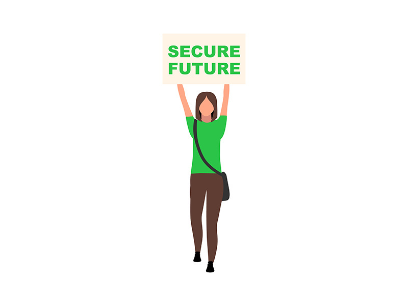 Girl holding secure future poster semi flat color vector character