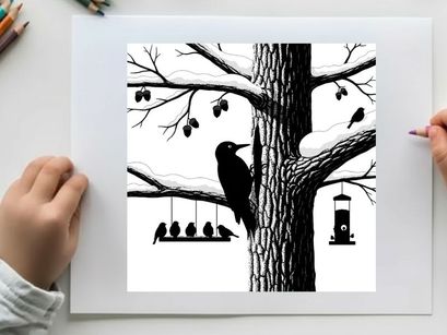 Silhouette of birds on a tree with bird feeders and branches