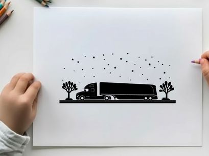 Truck silhouette driving on road with trees and falling snow