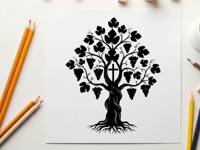 Silhouette of a grapevine tree with cross and roots