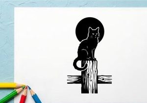 Black Cat Sitting on Wooden Post in Silhouette Style