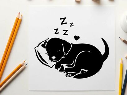 Sleeping dog silhouette with zzz and heart symbols