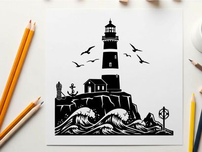 Silhouette of a lighthouse on a rocky cliffside with seagulls