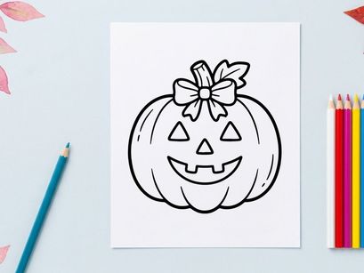 Hand-drawn Halloween pumpkin jack-o-lantern with flower bow. Cute smiling autumn squash illustration for festive fall decor and party invitations.