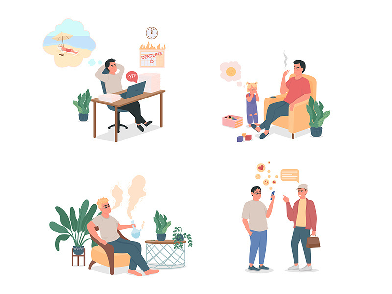 People with unhealthy lifestyle flat color vector detailed character set