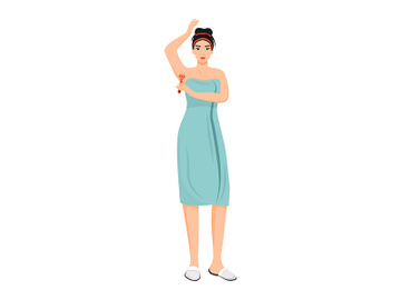 Woman in towel shaving armpits flat color vector faceless character preview picture