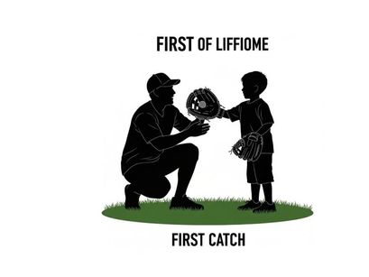 Silhouette of a man and boy catching a baseball first of liffiome