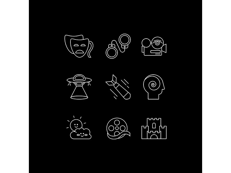 Filmmaking white linear icons set for dark theme