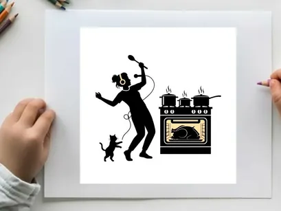 Silhouette of a woman singing with a cat and oven silhouette