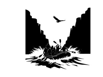 Silhouette of people in a boat with rainbow and bird preview picture