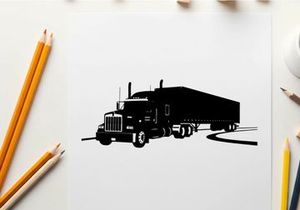 Black silhouette of a semi truck with trailer on the road