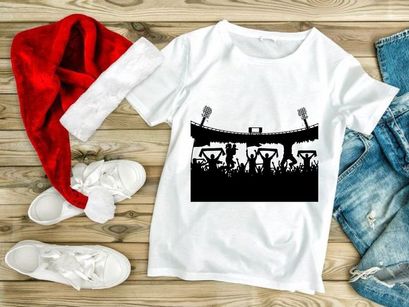 Silhouette of excited fans celebrating in a stadium with flags and lights